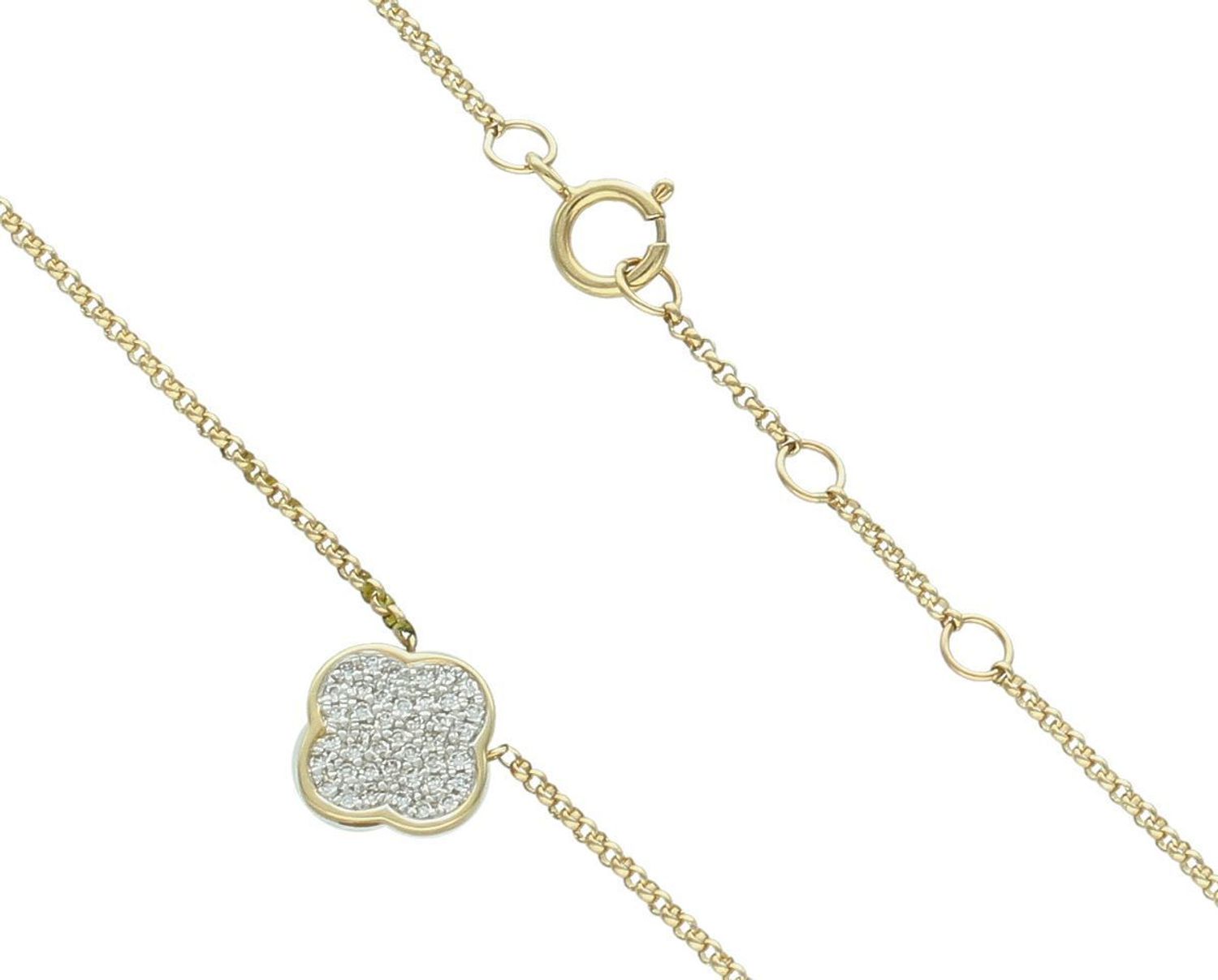 Złoty naszyjnik damski koniczyna z białymi diamentami 585 N10163 Y Zawieszka posiada 41 białych brylantów wielkości 0,09 ct, czystości SI oraz barwie H. 1.jpg